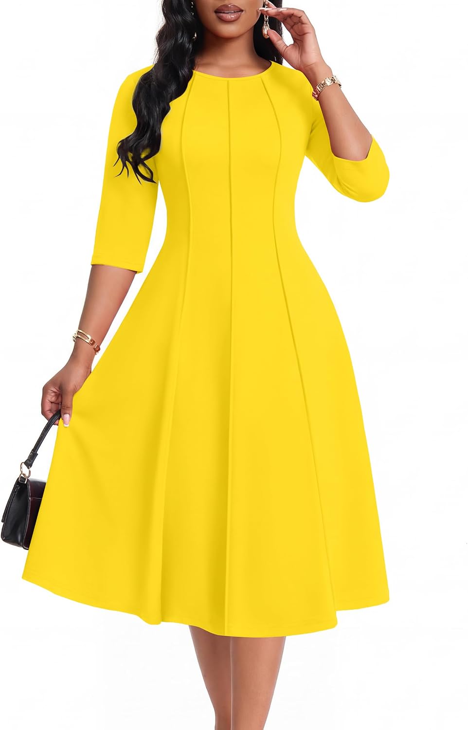 CLOCOR Womens 3\/4 Sleeve Semi Formal Church Midi Dress with Pockets | Fit and flare, modest crew neck, vertical seams, elegant style, casual, work, cocktail party
