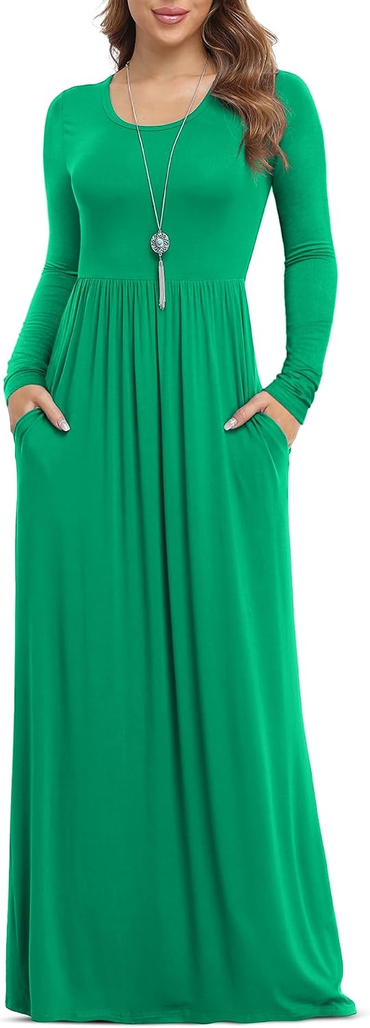 VIISHOW Women's Long Sleeve Casual Empire Waist Maxi Dress with Pockets | Soft stretch,Loose\u2011flowing dress,Full\u2011length cut,For church & daily occasions,Layer for cool Fall\u2011Winter,Casual to Formal
