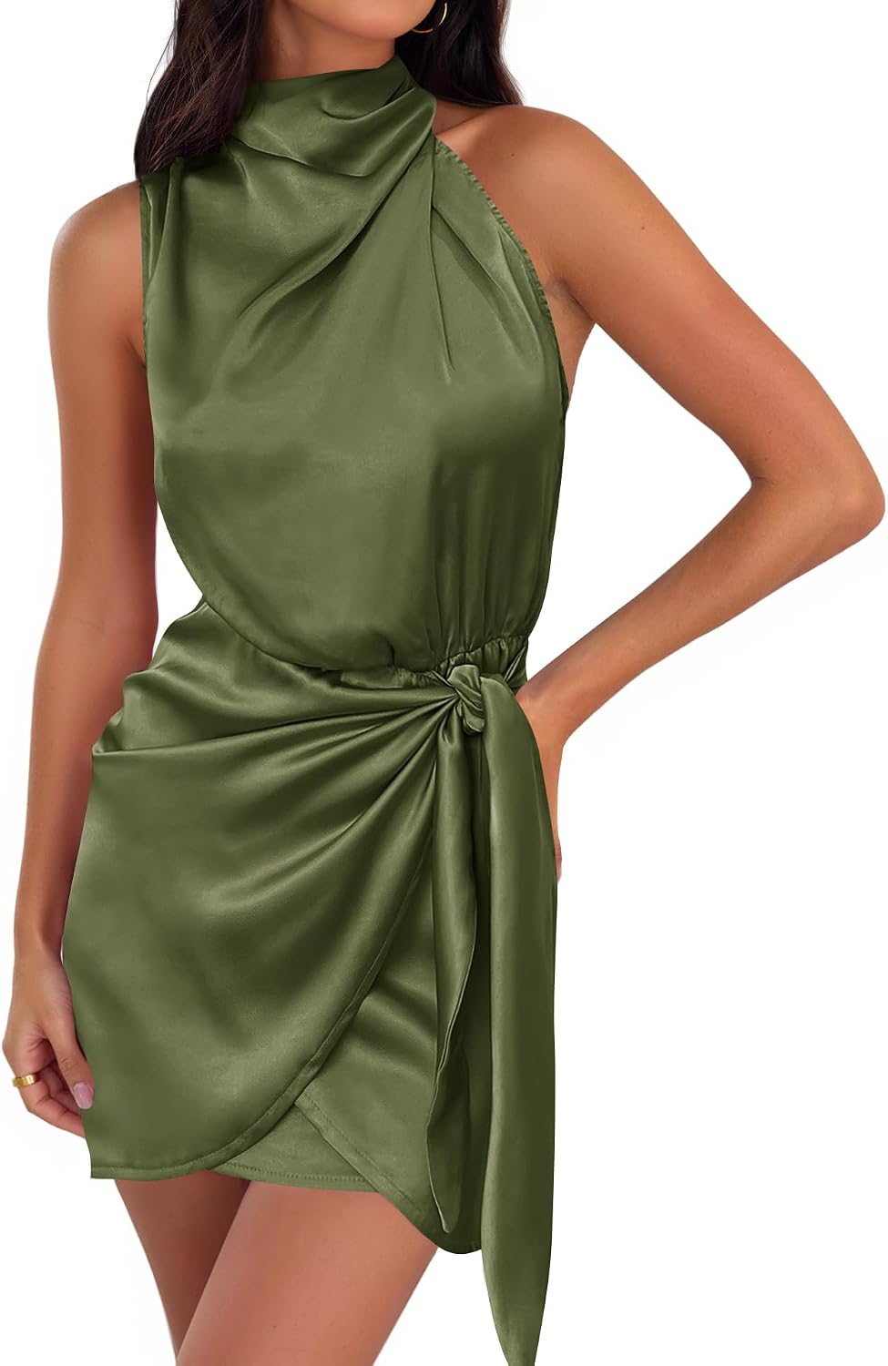 ZESICA Women's Satin Sleeveless Halter Tie Waist Wrap Bodycon Mini Dress | 2026 Summer Fashion Short Dresses, Silky High Waist Dress, Above Knee Length, Sexy Cocktail Party Club Outfits