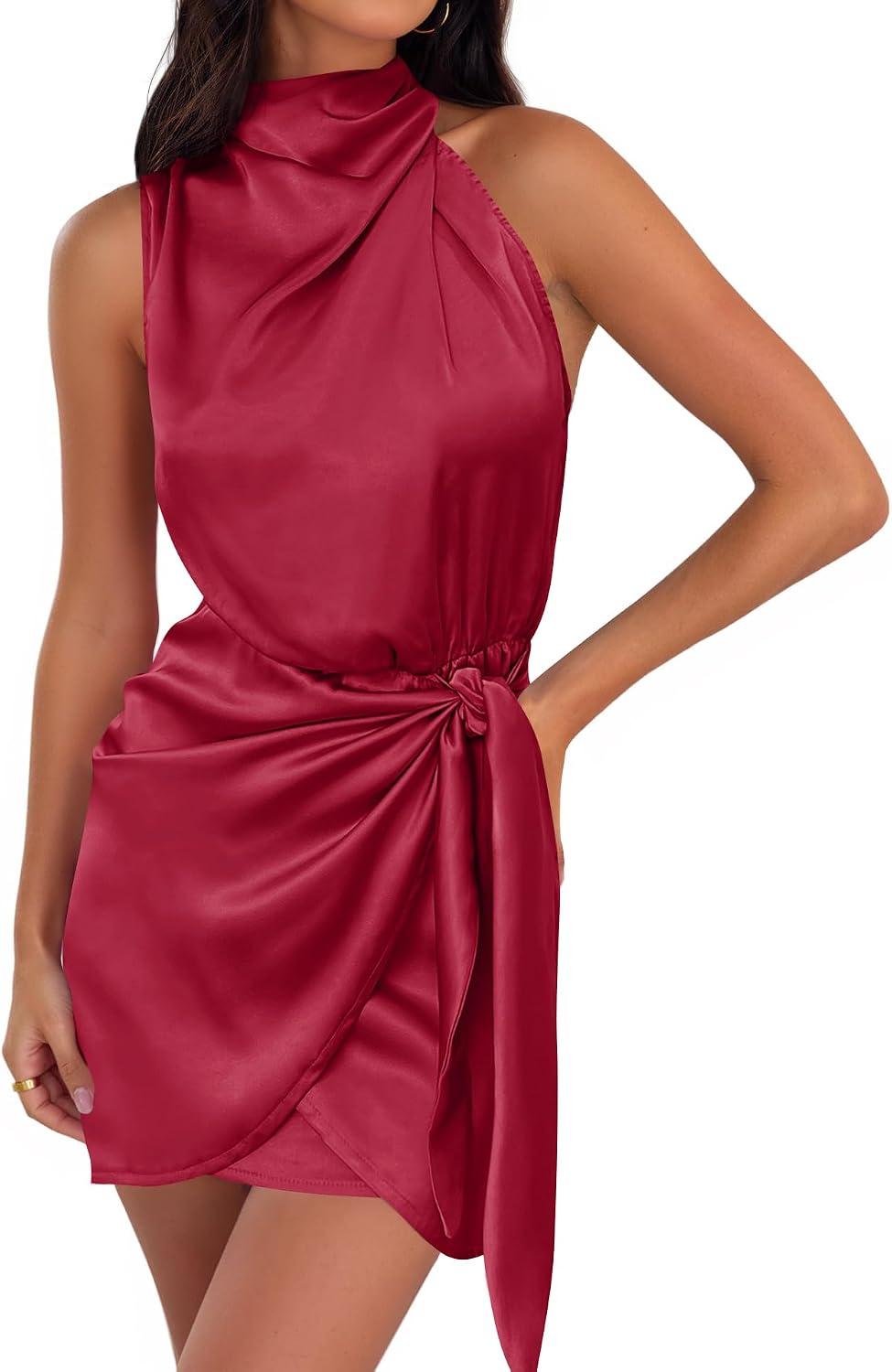 ZESICA Women's Satin Sleeveless Halter Tie Waist Wrap Bodycon Mini Dress | 2026 Summer Fashion Short Dresses, Silky High Waist Dress, Above Knee Length, Sexy Cocktail Party Club Outfits