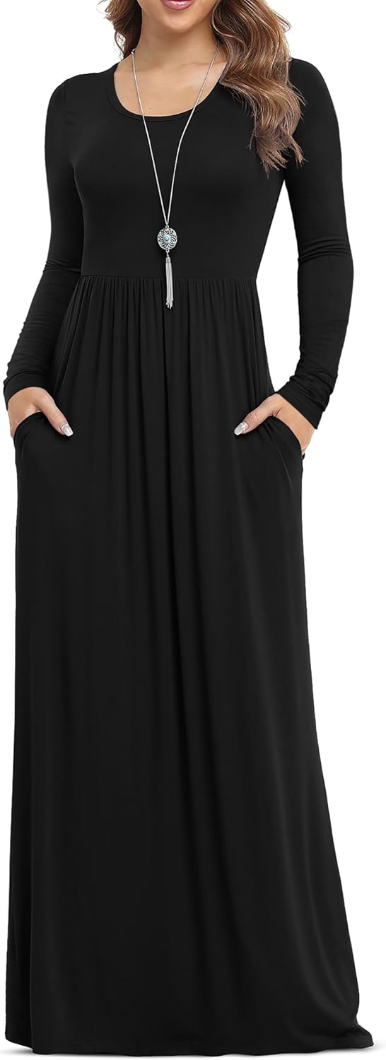 VIISHOW Women's Long Sleeve Casual Empire Waist Maxi Dress with Pockets | Soft stretch,Loose\u2011flowing dress,Full\u2011length cut,For church & daily occasions,Layer for cool Fall\u2011Winter,Casual to Formal