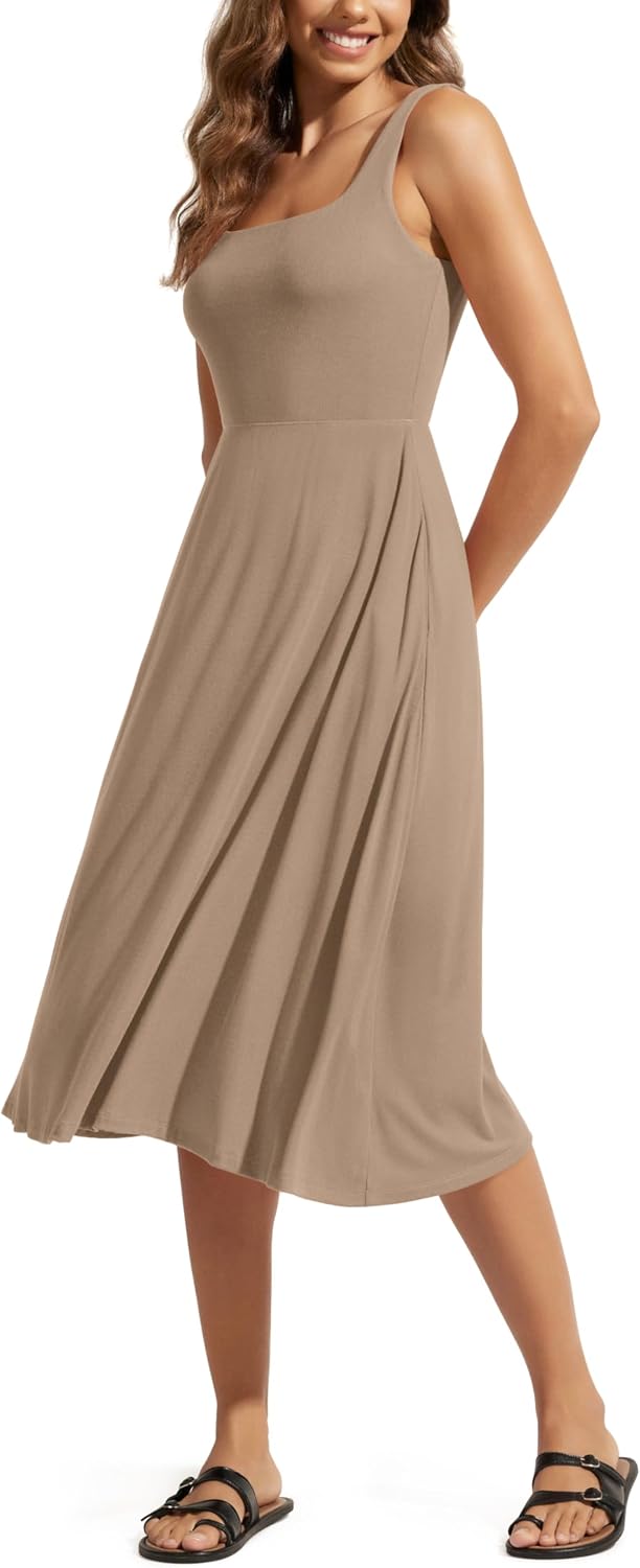 ODODOS Square Neck Midi Dress with Pockets for Women Summer Casual Sleeveless Sundress Flare Tank Dress