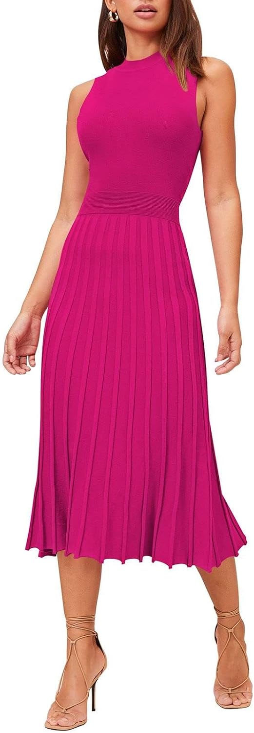 Pink Queen Women's Elegant Sleeveless Pleated A Line Midi Sweater Dresses | Crewneck,High Waisted,Ribbed Knit,Swing Long Dresses,Soft Stretchy,Business Causal,Work,Wedding,Party,Cocktail