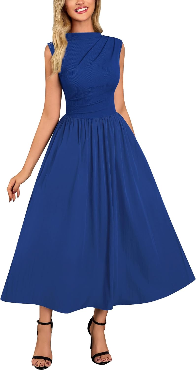 Miusol Women's Retro Half Collar Sleeveless with Pocket Casual Swing Dress | Sleevelss, Slim Cutting, Under Knee Length, For Outdoor