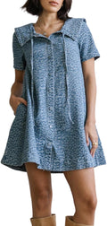 yoeasy Womens Denim Mini Dress Leopard Print Button Down Short Sleeve Swing Flowy A Line Jean Babydoll Dresses
