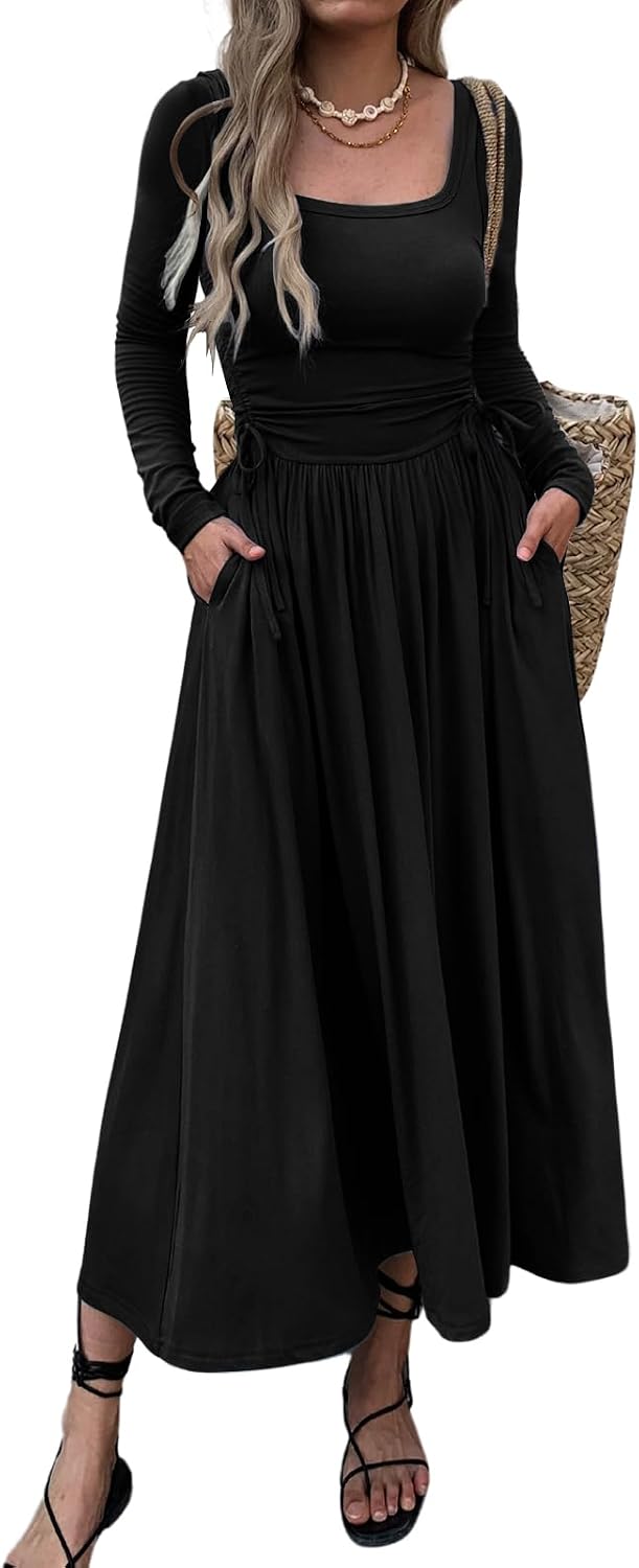 Mieazom Women\u2019s Long Sleeve Square Neck Maxi Dress Adjustable Waist Tie Casual Flowy A-Line Pleated Dresses with Pockets
