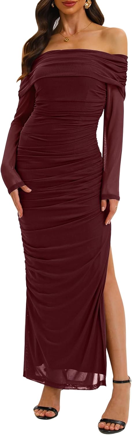 Relipop Women Off Shoulder Dress Long Sleeve Bodycon Mesh Ruched High Split Spring Formal Wedding Guest Maxi Dresses