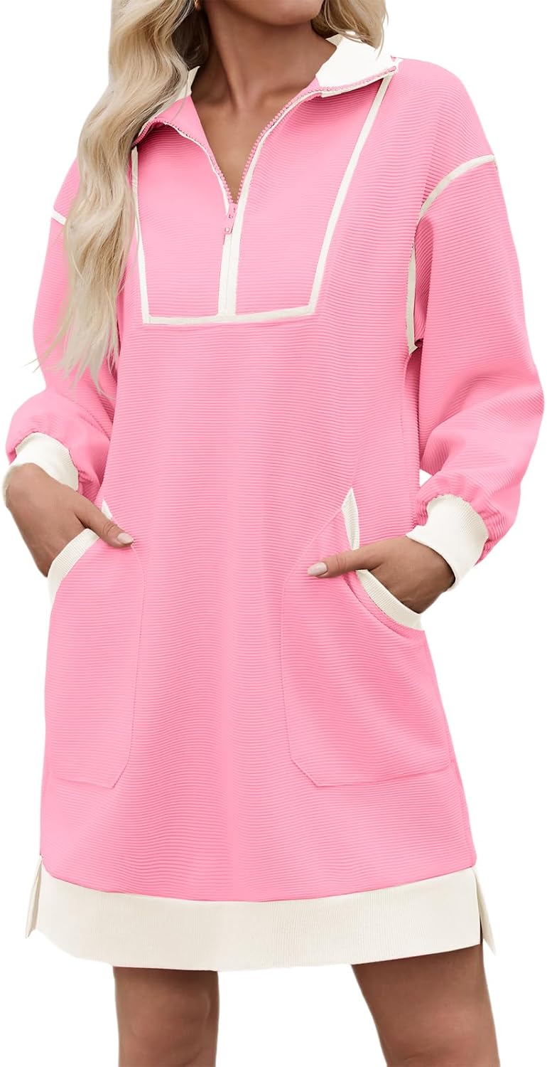 Wenrine Womens Half Zip Sweatshirt Dress Fall V Neck Contrast Mini Dresses | Oversized, Zip Up, Collared, Long Sleeve, Loose Fit, Slit Hem, Two Side Pockets, Sporty, Pullover