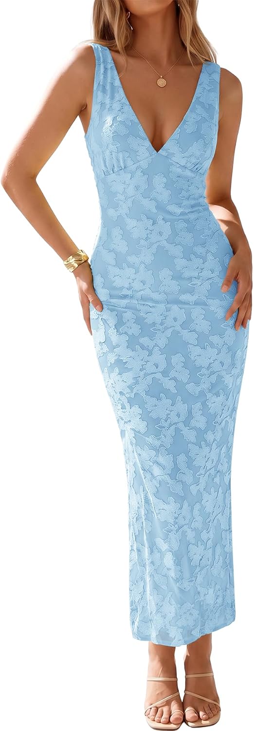 Muchpow Women's Sexy V Neck Bodycon Cocktail Floral Maxi Dress | Lined, Floral Embroidered Semi Formal Mesh Sleeveless Wedding Guest Homecoming Party Elegant Long Dresses
