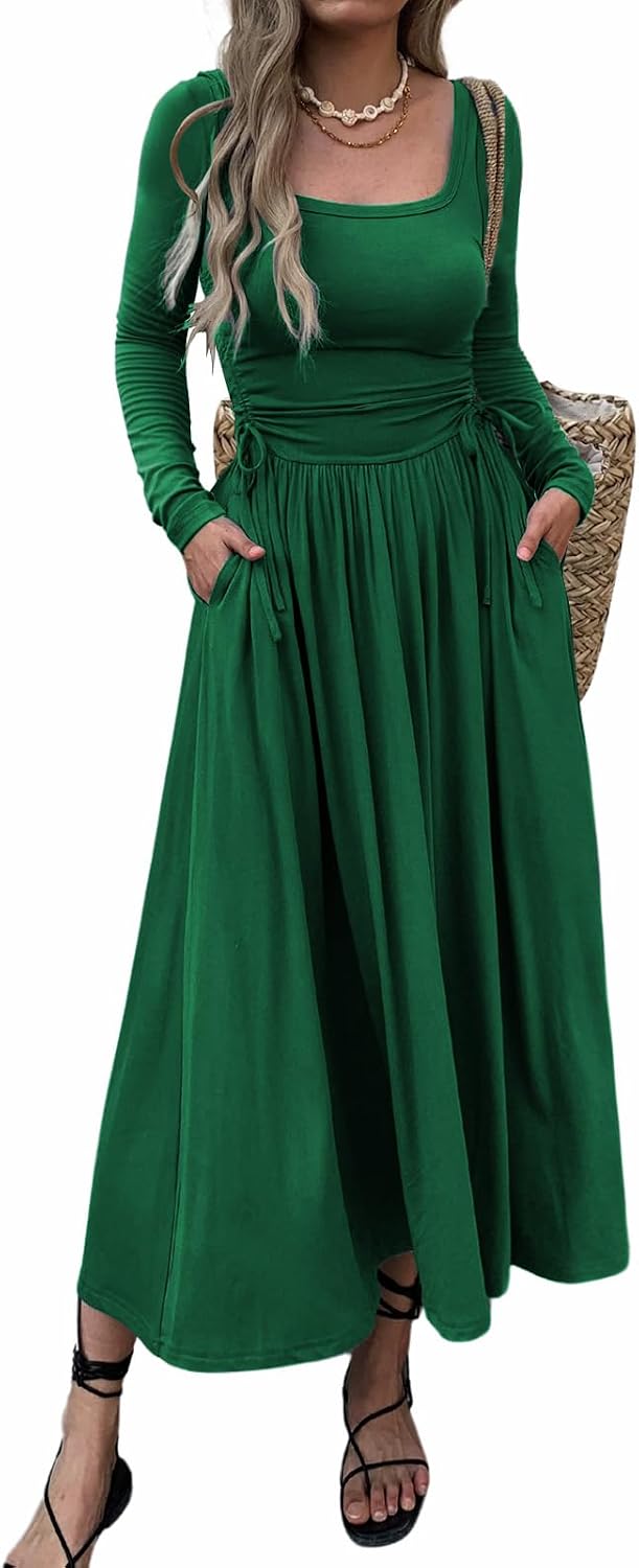 Mieazom Women\u2019s Long Sleeve Square Neck Maxi Dress Adjustable Waist Tie Casual Flowy A-Line Pleated Dresses with Pockets