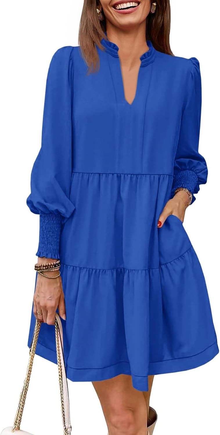 Imily Bela Womens Fall Long Sleeve Tunic Dress Casual V Neck Tiered Dress | Loose,Swing,A-Line,Ruffled Collar,Puff Balloon Sleeve,Smocked Elastic Cuffs,Tiered Layered Ruffle Hem,Babydoll,Loose,Mini