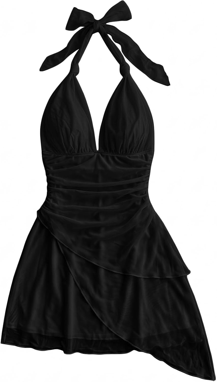 SOLY HUX Women's Y2K Summer Beach Halter Mini Dress | Retro Floral Dress, V Neck, Backless, Club Nightout, Sexy Going Out Clothes, Birthday Dress
