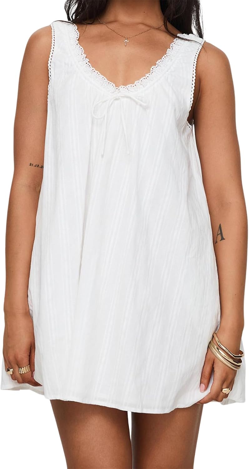 Nlacehan Women's Y2k Flowy Lace Trim Babydoll Mini Dress | Short Sundress with Pocket, Tank Dress, V Neck, Sleeveless, A-Line, Cotton, Loose, Casual, Summer, Vacation, Daily Wear, Club