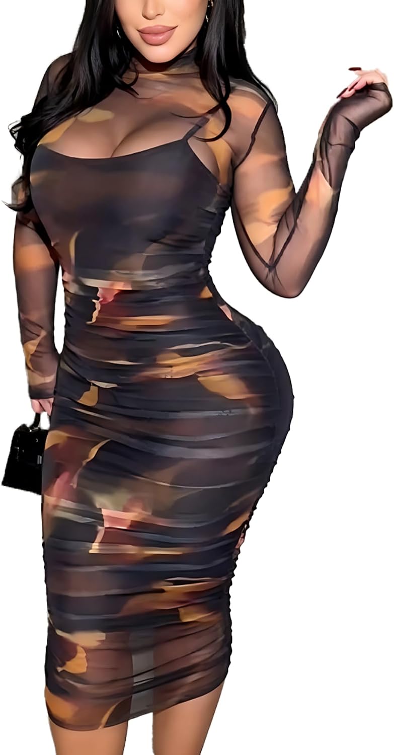 MOEENCN Women's Sexy Long Sleeve Sheer Mesh Midi Bodycon Dress 2 Piece Set | Sheer Printed Mesh Overlay, Adjustable Spaghetti\u2011Strap Slip Liner, Crew Neck, Date Night Birthday Going Out Clubwear