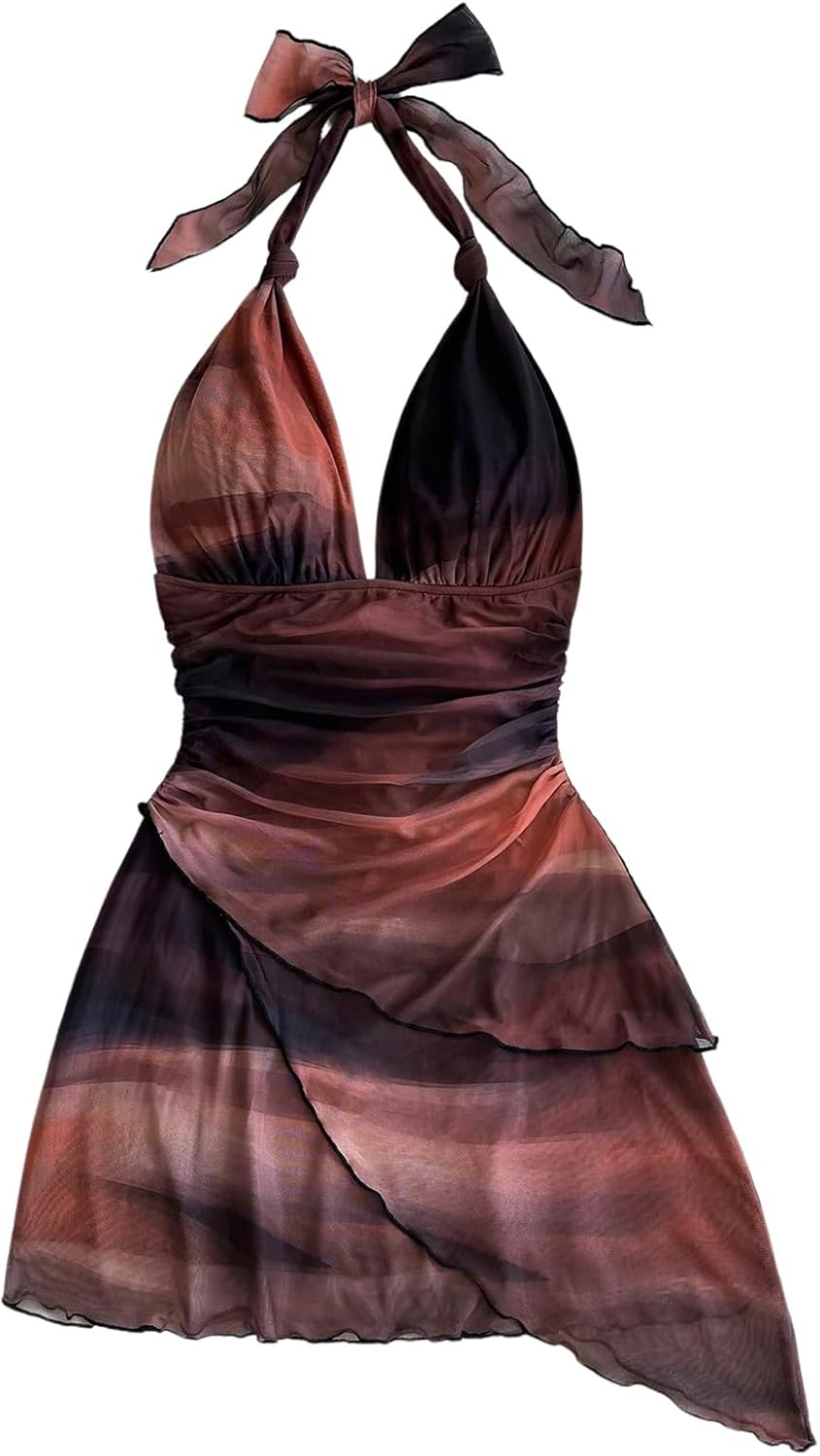 SOLY HUX Women's Y2K Summer Beach Halter Mini Dress | Retro Floral Dress, V Neck, Backless, Club Nightout, Sexy Going Out Clothes, Birthday Dress