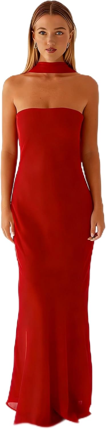 Women's Floral Strapless Tube Maxi Dress with Scarf, Bodycon Long Dress | 2-Layer: Mesh outer, stretchy lining\u2014no see-through, dress features non-slip strips. Suitable for spring and summer wear.