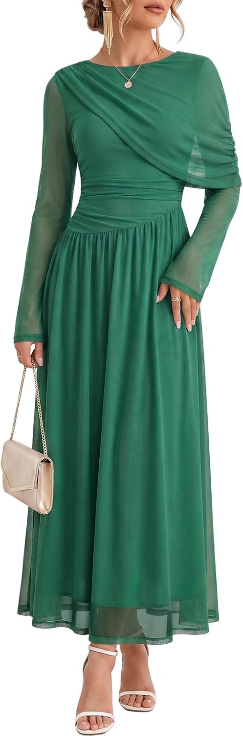 Wenrine Womens Fall Cocktail Dress Long Sleeve Mesh Maxi Party Dresses | Long Sleeve, Mesh, A Line, Flowy, Fall, Winter, Maxi, Long Cocktail Party Dress, Evening Gowns, Dress with Cape Sleeves