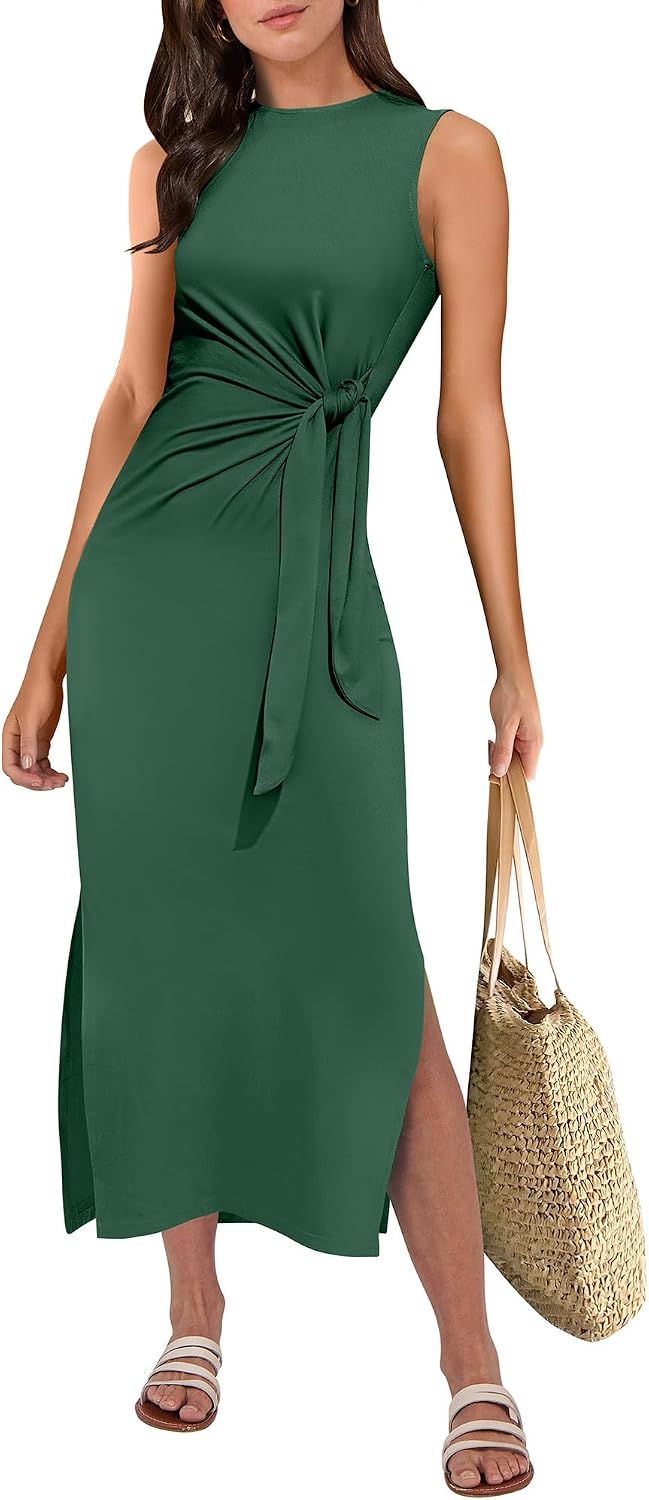 ANRABESS Women's Sleeveless T-Shirt Midi Tank Dress | Summer Casual, Slim Fit, Tie Waist Split Trendy Long Dresses, 2026 Travel Vacation Beach Sundress, Soft Comfy