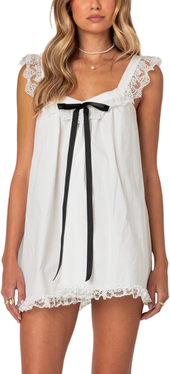 Cjfdfy Women's Cute Shift Mini Dress Lace Trim Sleeveless Y2k Flowy Babydoll Dresses Summer Casual Trendy Going Out Sundress