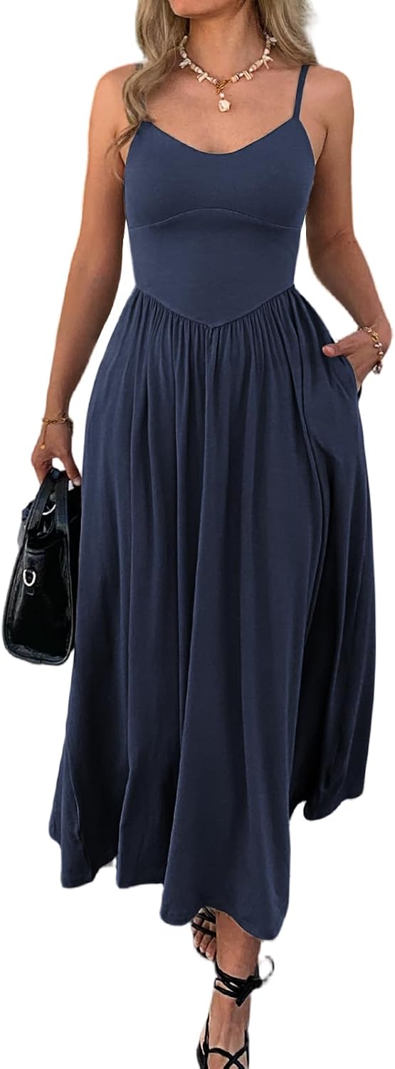 Evzeiem Womens Spaghetti Strap Maxi Dresses Summer Casual Sleeveless A Line Long Flowy Dress with Pockets Beach Sundresses