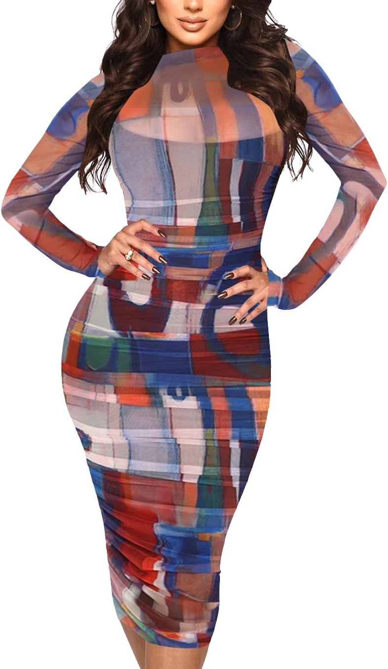 MOEENCN Women's Sexy Long Sleeve Sheer Mesh Midi Bodycon Dress 2 Piece Set | Sheer Printed Mesh Overlay, Adjustable Spaghetti\u2011Strap Slip Liner, Crew Neck, Date Night Birthday Going Out Clubwear