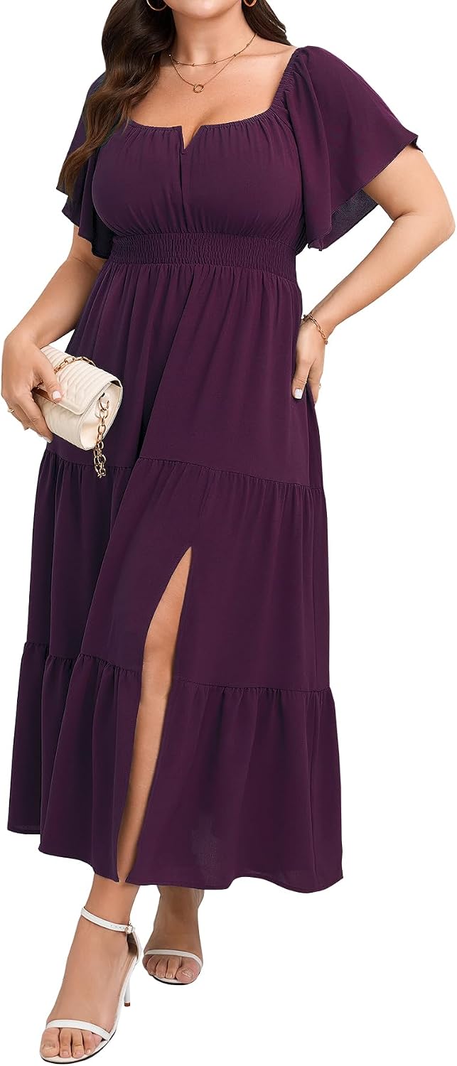 SCOMCHIC Womens Plus Size Wedding Guest Cocktail Dresses | Short Sleeve, Square Neck, Tiered Ruffle, Slit Maxi Dress