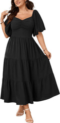 SHESTARR Womens Plus Size Wedding Guest Maxi Dress | Puffy Short Sleeve, Sweetheart Neckline, Smocked, Flowy, Tiered, A Line, Summer, Long Dresses