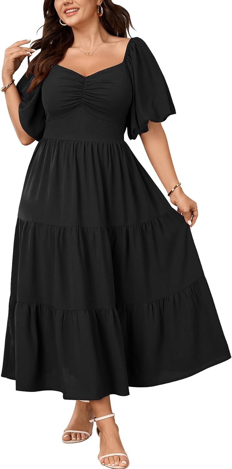 SHESTARR Womens Plus Size Wedding Guest Maxi Dress | Puffy Short Sleeve, Sweetheart Neckline, Smocked, Flowy, Tiered, A Line, Summer, Long Dresses