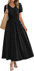OFEEFAN Maxi Dresses for Women V Neck Ladies Midi Long Dress A Line Smocked Waisted Casual Summer Spring Clothes Boho Beach