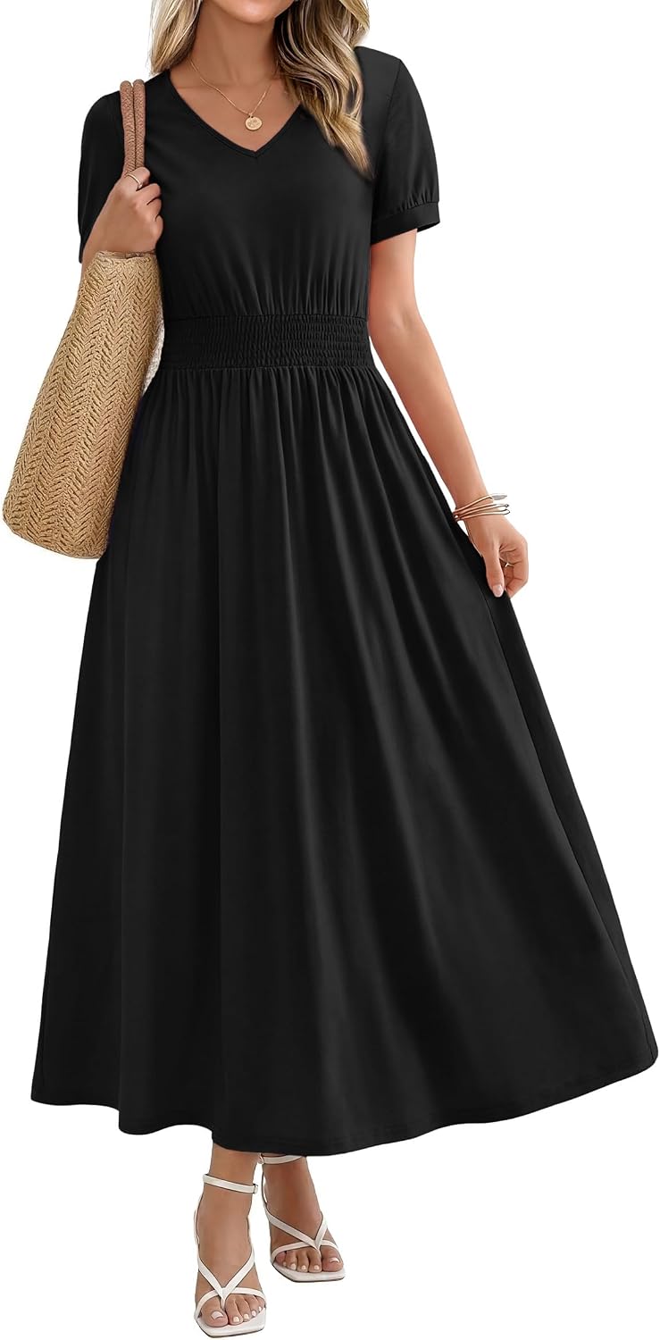 OFEEFAN Maxi Dresses for Women V Neck Ladies Midi Long Dress A Line Smocked Waisted Casual Summer Spring Clothes Boho Beach