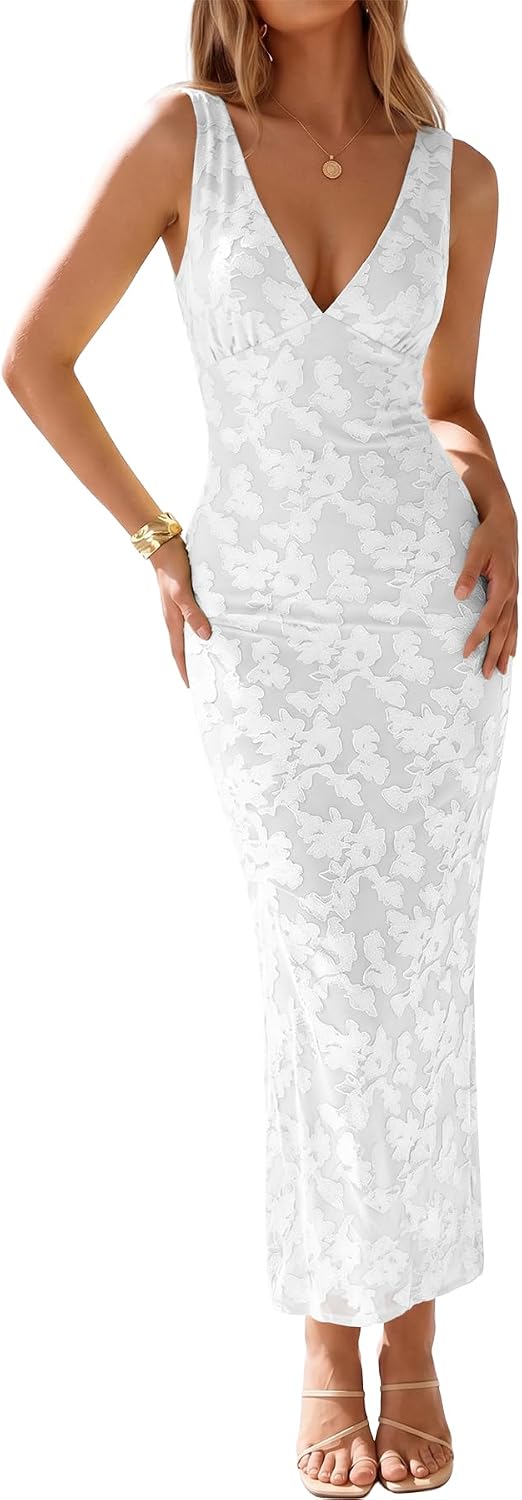 Muchpow Women's Sexy V Neck Bodycon Cocktail Floral Maxi Dress | Lined, Floral Embroidered Semi Formal Mesh Sleeveless Wedding Guest Homecoming Party Elegant Long Dresses