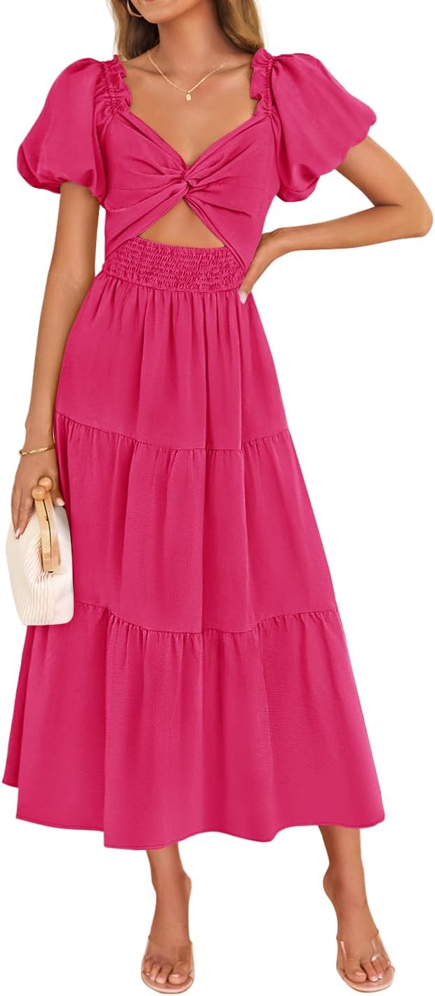ZESICA Womens Summer Casual Cutout Flowy Vacation Maxi Dress | Short Puff Sleeve, A Line, Smocked Dress, Beach Party Dresses, Spring Summer Wedding Guest Long Dress