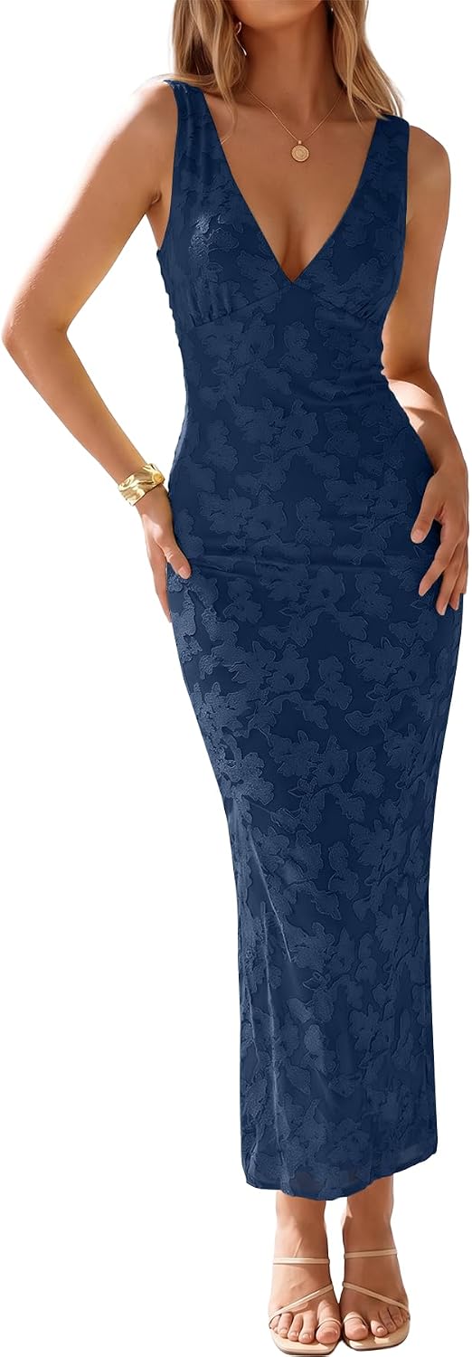 Muchpow Women's Sexy V Neck Bodycon Cocktail Floral Maxi Dress | Lined, Floral Embroidered Semi Formal Mesh Sleeveless Wedding Guest Homecoming Party Elegant Long Dresses