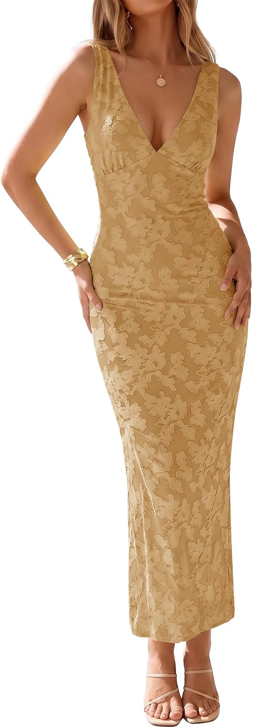 Muchpow Women's Sexy V Neck Bodycon Cocktail Floral Maxi Dress | Lined, Floral Embroidered Semi Formal Mesh Sleeveless Wedding Guest Homecoming Party Elegant Long Dresses