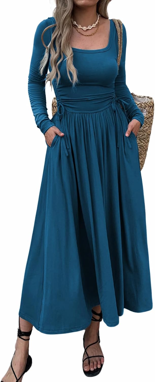 Mieazom Women\u2019s Long Sleeve Square Neck Maxi Dress Adjustable Waist Tie Casual Flowy A-Line Pleated Dresses with Pockets