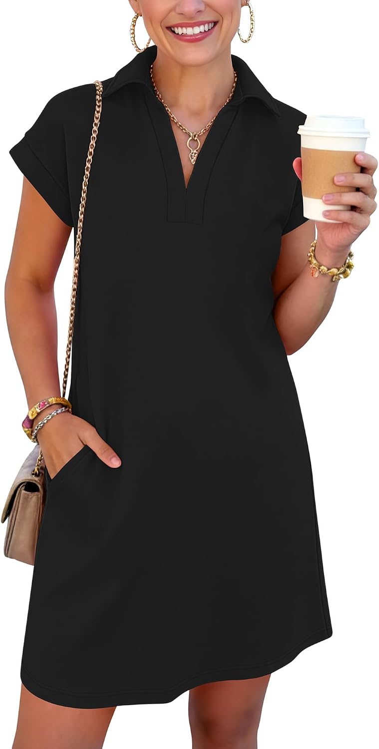 ANRABESS Women's Summer Collared V Neck Tshirt Short Dress | Cap Sleeve, with Pockets, Vacation Beach Mini Dresses, Soft Comfy Air Layer Fabri, Casual Work Wear, 2026 Fall Laye