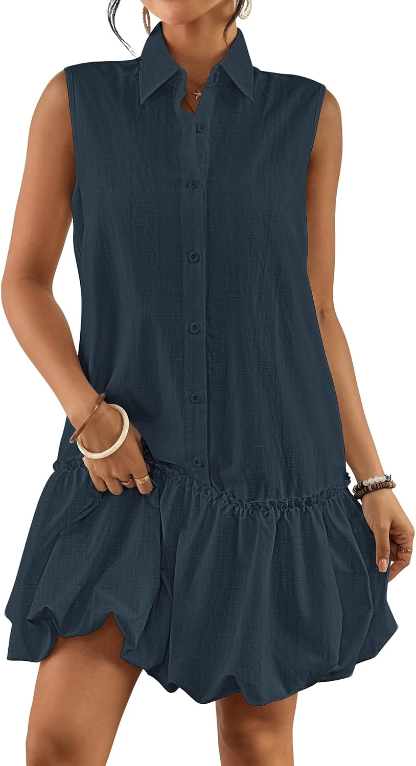 Bsubseach Women Casual Summer Linen Dress Bubble Mini Dress | Sleeveless Button Down Cotton Shirt Sundress with 2 Pockets, Flatters All Figures, Beach Vacation, Brunch Date & Daily Wear