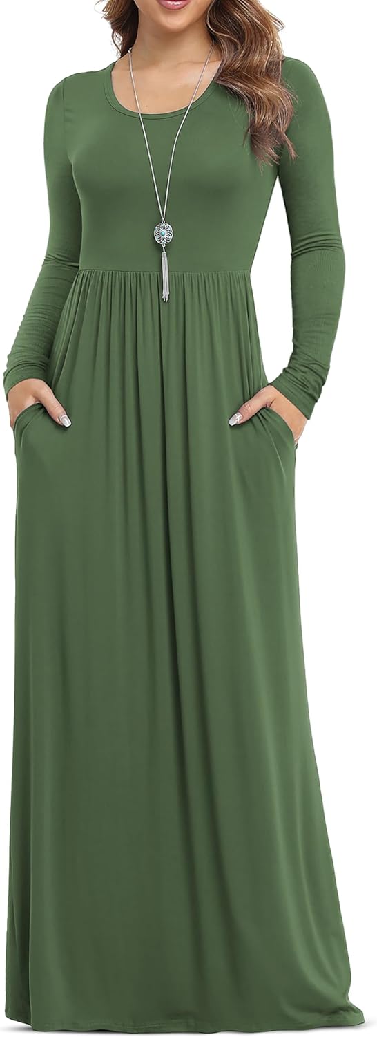 VIISHOW Women's Long Sleeve Casual Empire Waist Maxi Dress with Pockets | Soft stretch,Loose\u2011flowing dress,Full\u2011length cut,For church & daily occasions,Layer for cool Fall\u2011Winter,Casual to Formal