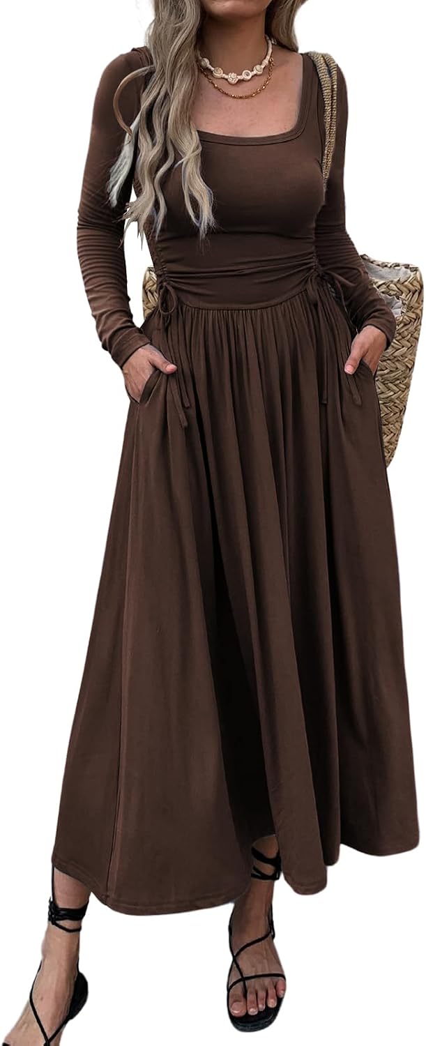 Mieazom Women\u2019s Long Sleeve Square Neck Maxi Dress Adjustable Waist Tie Casual Flowy A-Line Pleated Dresses with Pockets