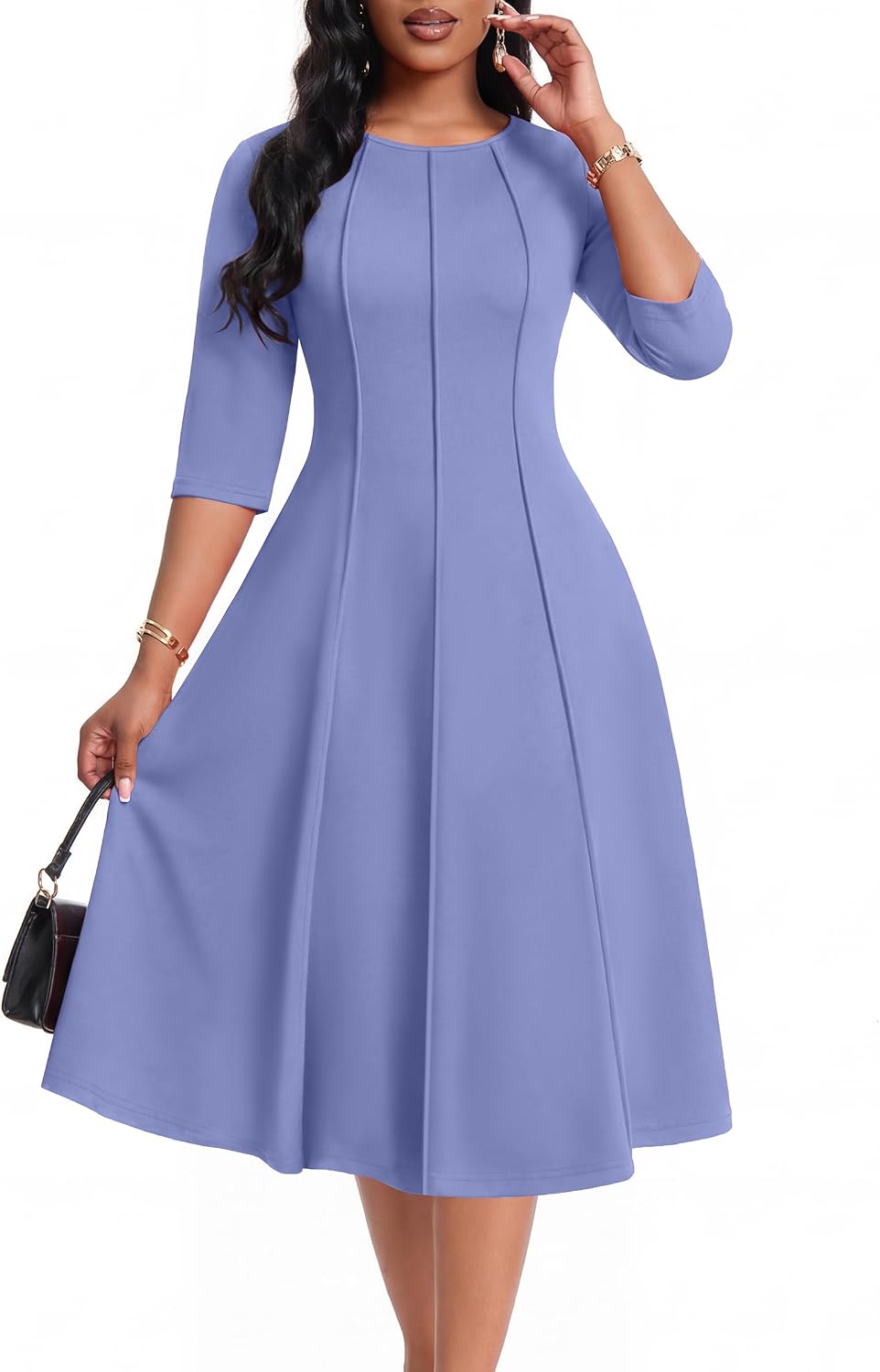 CLOCOR Womens 3\/4 Sleeve Semi Formal Church Midi Dress with Pockets | Fit and flare, modest crew neck, vertical seams, elegant style, casual, work, cocktail party