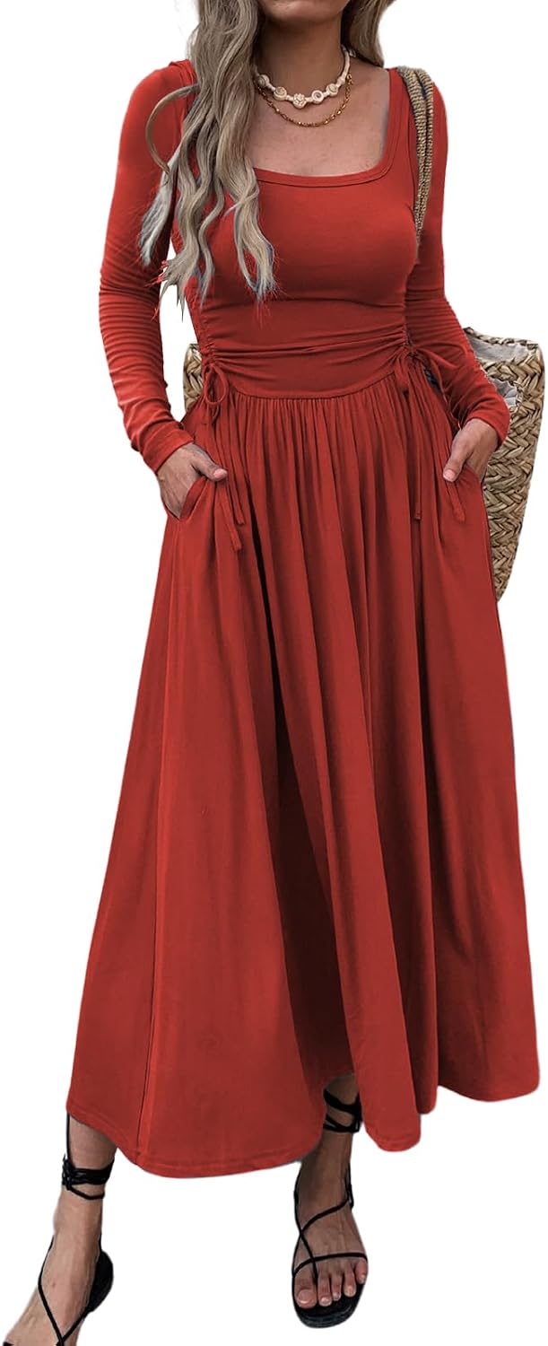 Mieazom Women\u2019s Long Sleeve Square Neck Maxi Dress Adjustable Waist Tie Casual Flowy A-Line Pleated Dresses with Pockets
