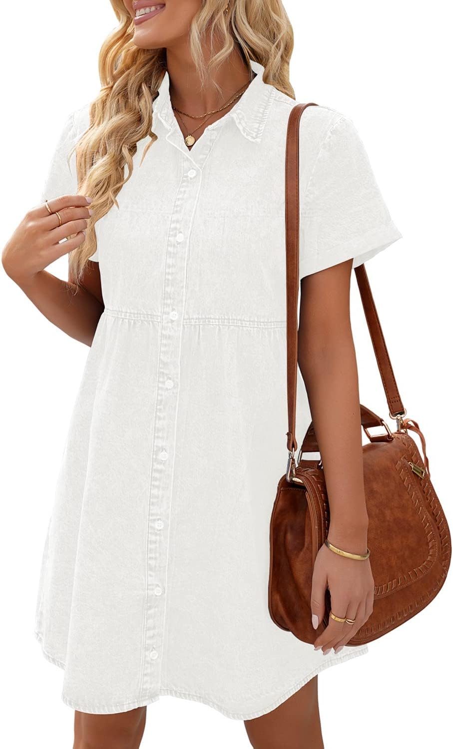 LookbookStore Denim Dress for Women Short Sleeve Flowy Babydoll Jean Dress | Trendy Womens Summer Dresses, Tiered Baby Doll Short Dress, Above Knee Length, Button Down, Daily Wear, Country Concert Dress