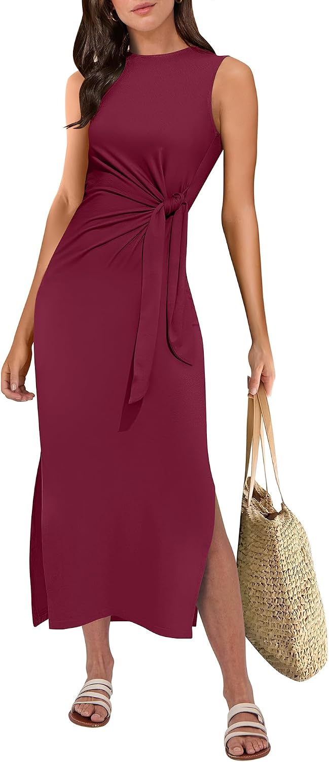 ANRABESS Women's Sleeveless T-Shirt Midi Tank Dress | Summer Casual, Slim Fit, Tie Waist Split Trendy Long Dresses, 2026 Travel Vacation Beach Sundress, Soft Comfy