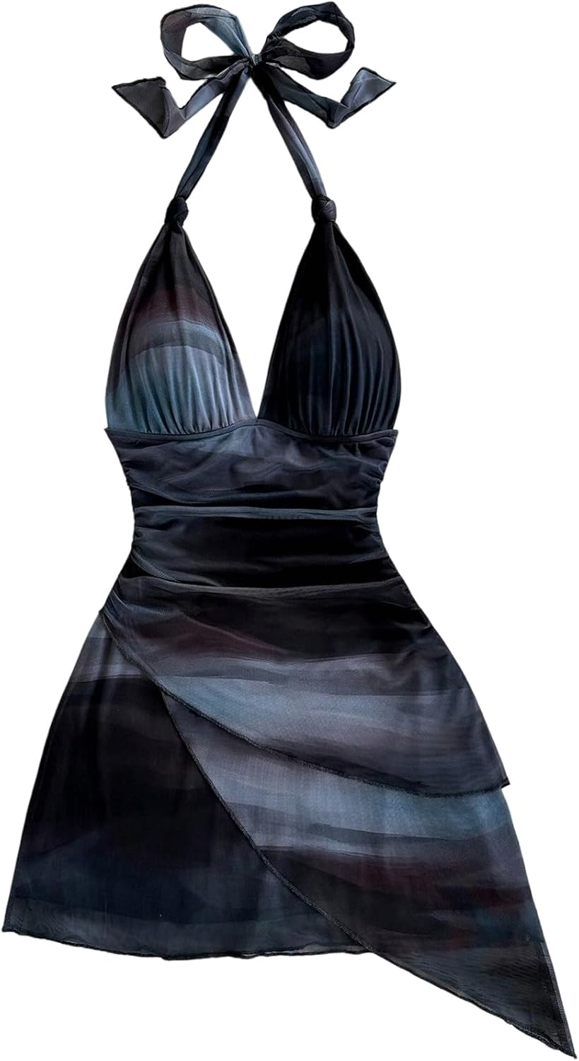 SOLY HUX Women's Y2K Summer Beach Halter Mini Dress | Retro Floral Dress, V Neck, Backless, Club Nightout, Sexy Going Out Clothes, Birthday Dress