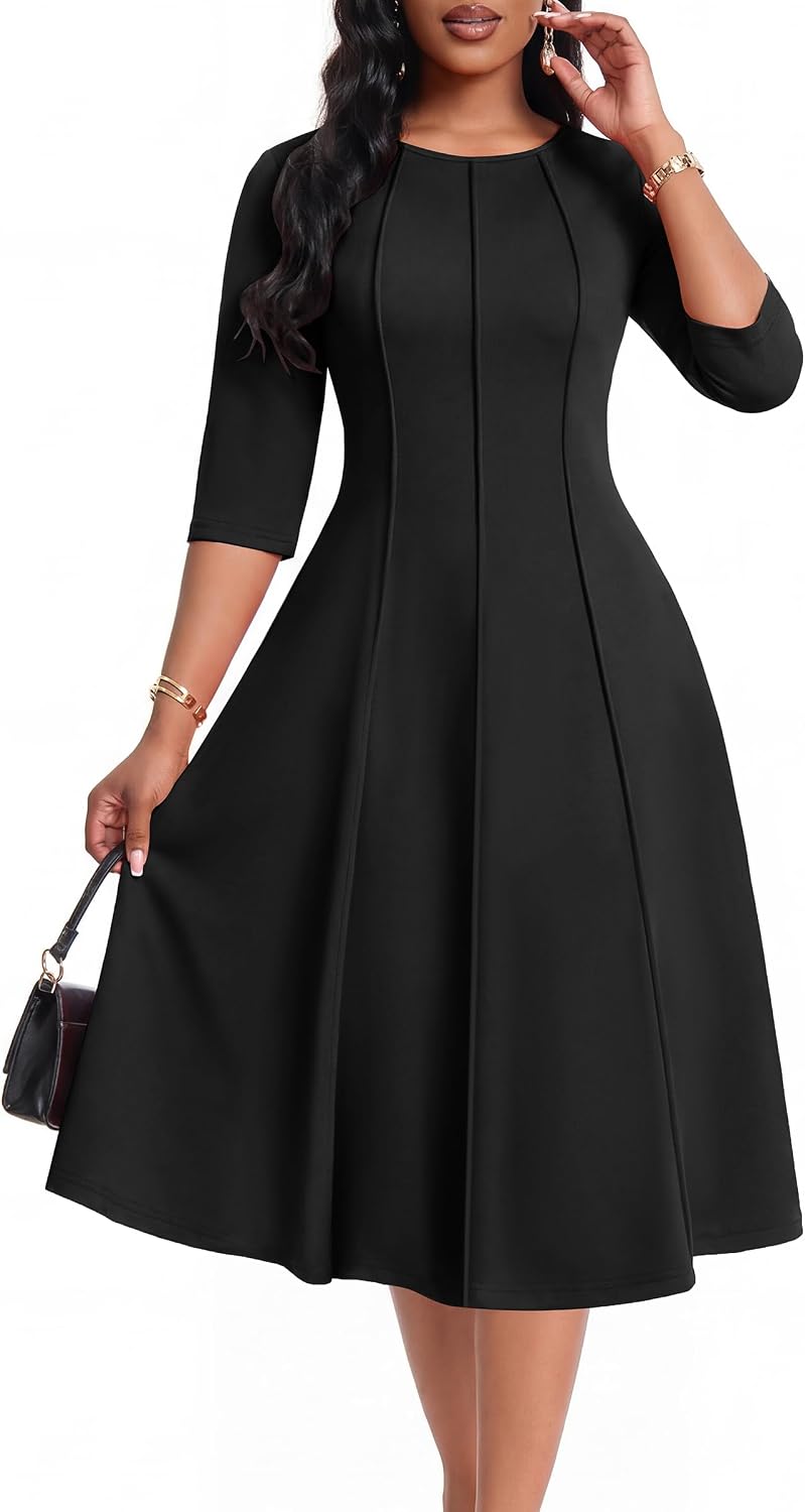 CLOCOR Womens 3\/4 Sleeve Semi Formal Church Midi Dress with Pockets | Fit and flare, modest crew neck, vertical seams, elegant style, casual, work, cocktail party