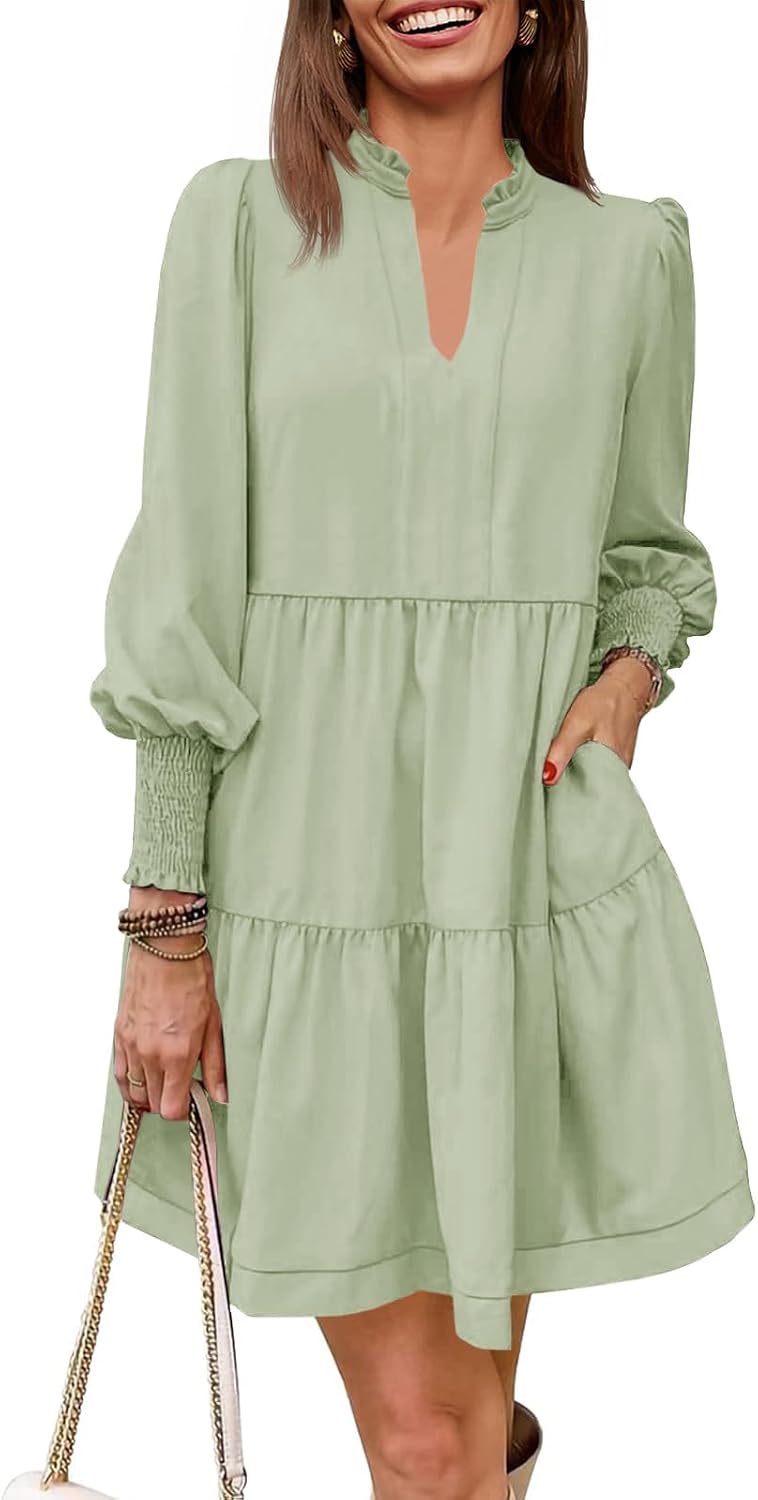 Imily Bela Womens Fall Long Sleeve Tunic Dress Casual V Neck Tiered Dress | Loose,Swing,A-Line,Ruffled Collar,Puff Balloon Sleeve,Smocked Elastic Cuffs,Tiered Layered Ruffle Hem,Babydoll,Loose,Mini
