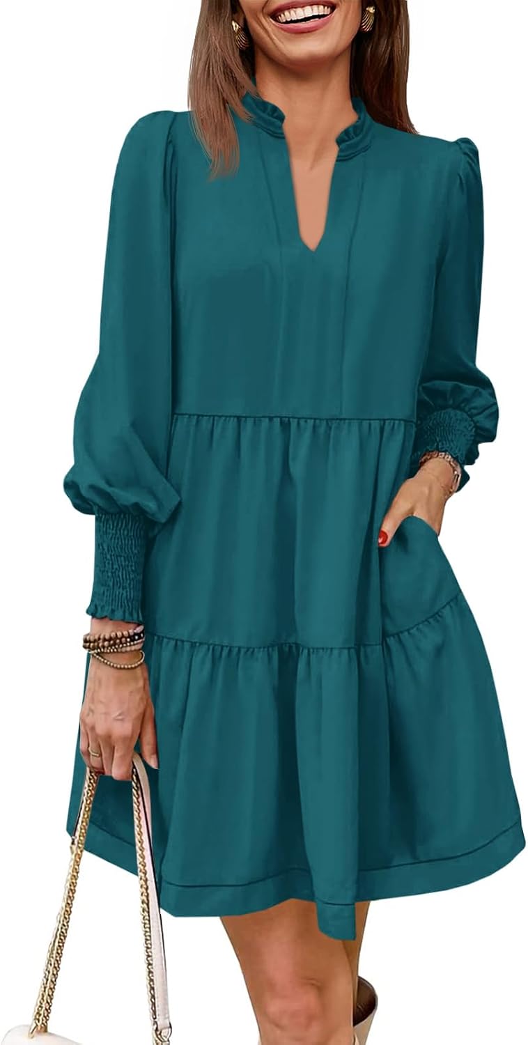 Imily Bela Womens Fall Long Sleeve Tunic Dress Casual V Neck Tiered Dress | Loose,Swing,A-Line,Ruffled Collar,Puff Balloon Sleeve,Smocked Elastic Cuffs,Tiered Layered Ruffle Hem,Babydoll,Loose,Mini