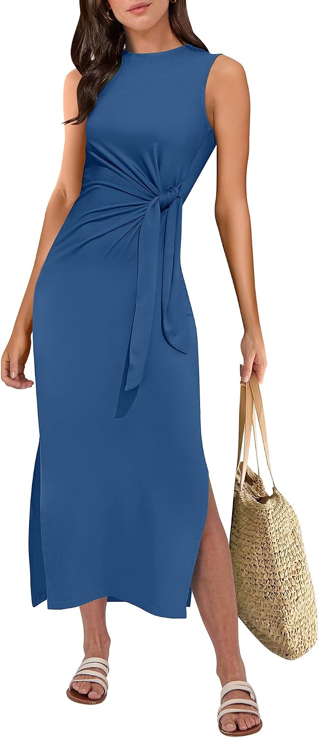 ANRABESS Women's Sleeveless T-Shirt Midi Tank Dress | Summer Casual, Slim Fit, Tie Waist Split Trendy Long Dresses, 2026 Travel Vacation Beach Sundress, Soft Comfy