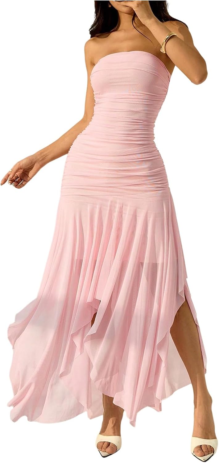 Milumia Women's Strapless Maxi Dress Long Asymmetrical Hem Party Dresses | Tube Top Summer Dress, Ruched, Swing, Elegant, Sexy, Going Out, Wedding Guest Party Dresses