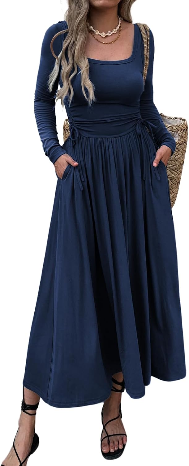 Mieazom Women\u2019s Long Sleeve Square Neck Maxi Dress Adjustable Waist Tie Casual Flowy A-Line Pleated Dresses with Pockets